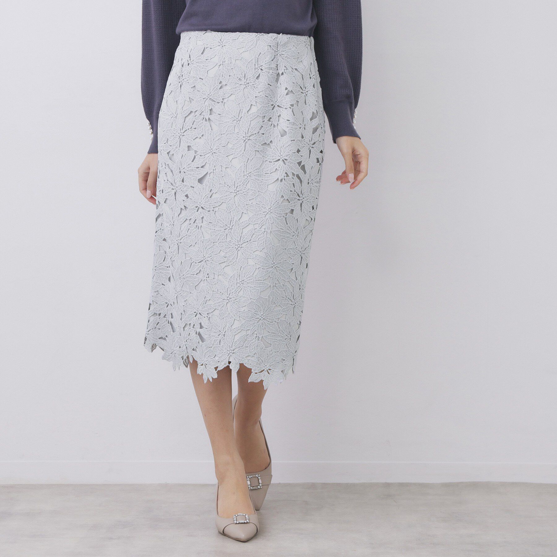 index「フラワーレースタイトスカート【洗濯機OK】」|スカート|サックスブルー(09