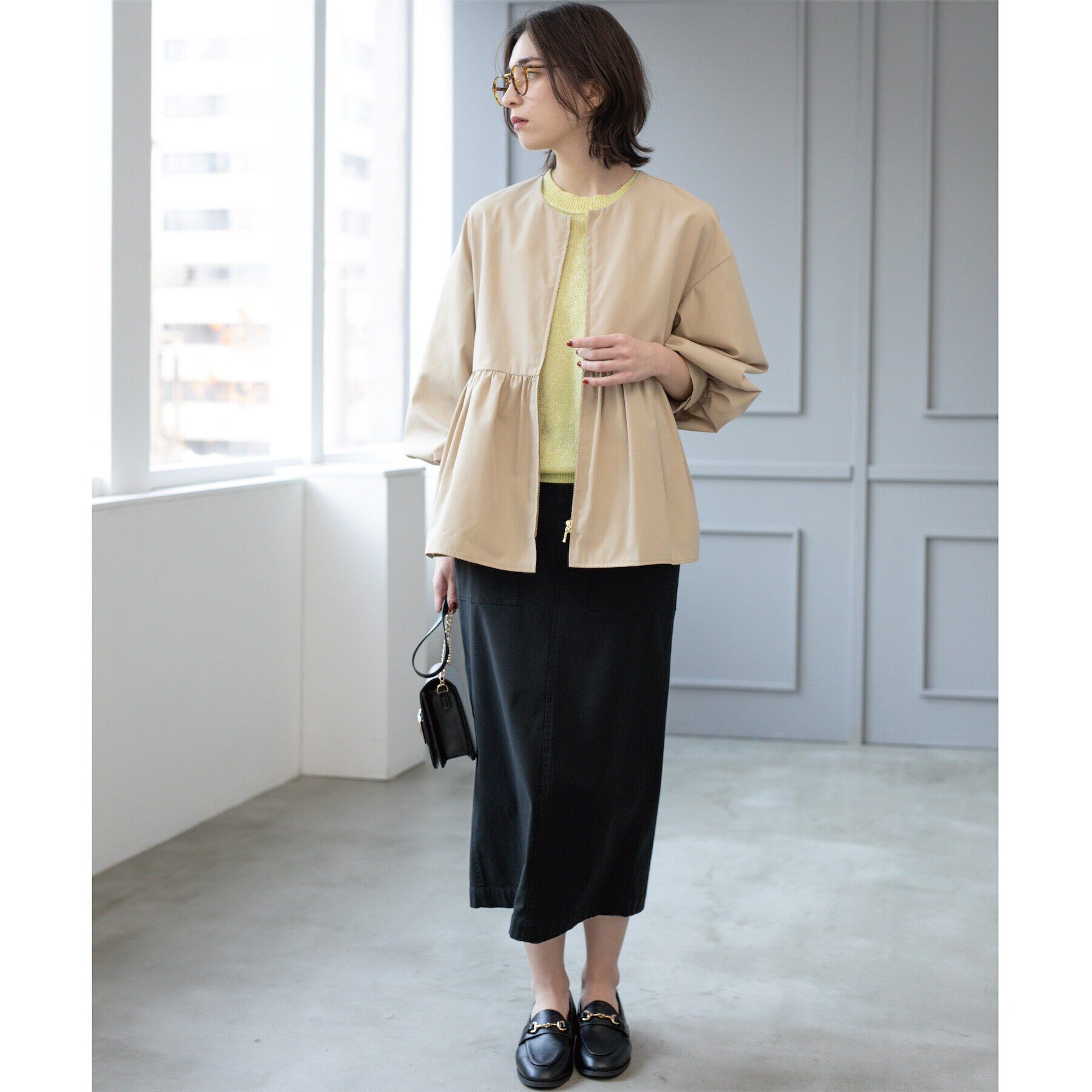 OPAQUE.CLIP「撥水ノーカラーペプラムブルゾン【洗濯機洗い可/花粉対応】」|ノーカラージャケット|