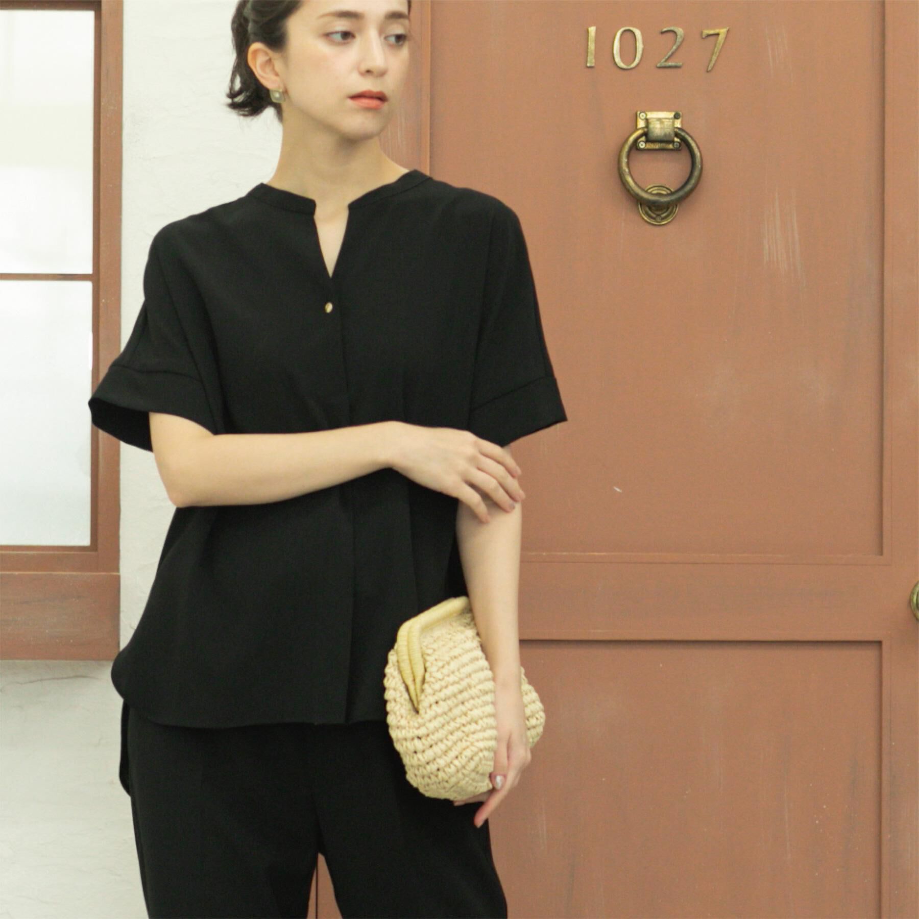 OPAQUE.CLIP「スキッパーブラウス【防シワ/ストレッチ/洗濯機OK】《5色展開/SS-LLサイズ/セットアップ対応》」|シャツ・ブラウス|ブラック(019)