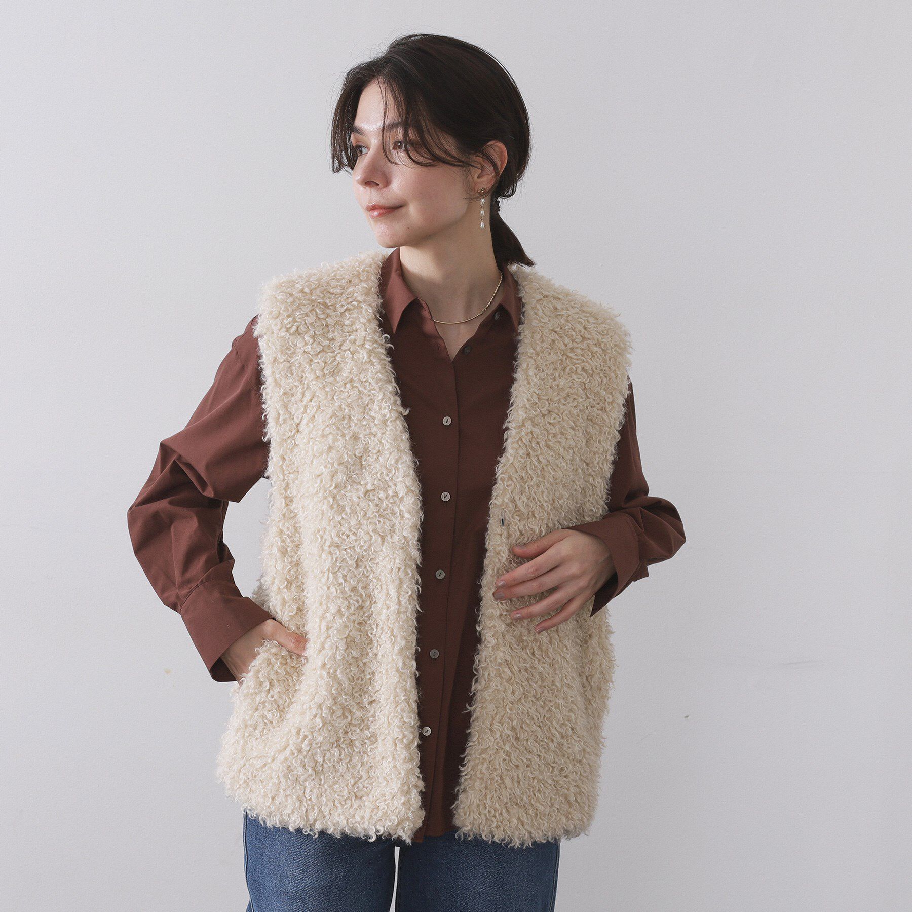 OPAQUE.CLIP「カーリーフェイクファーベスト【洗濯機OK】」|ベスト・ジレ|アイボリー(004)
