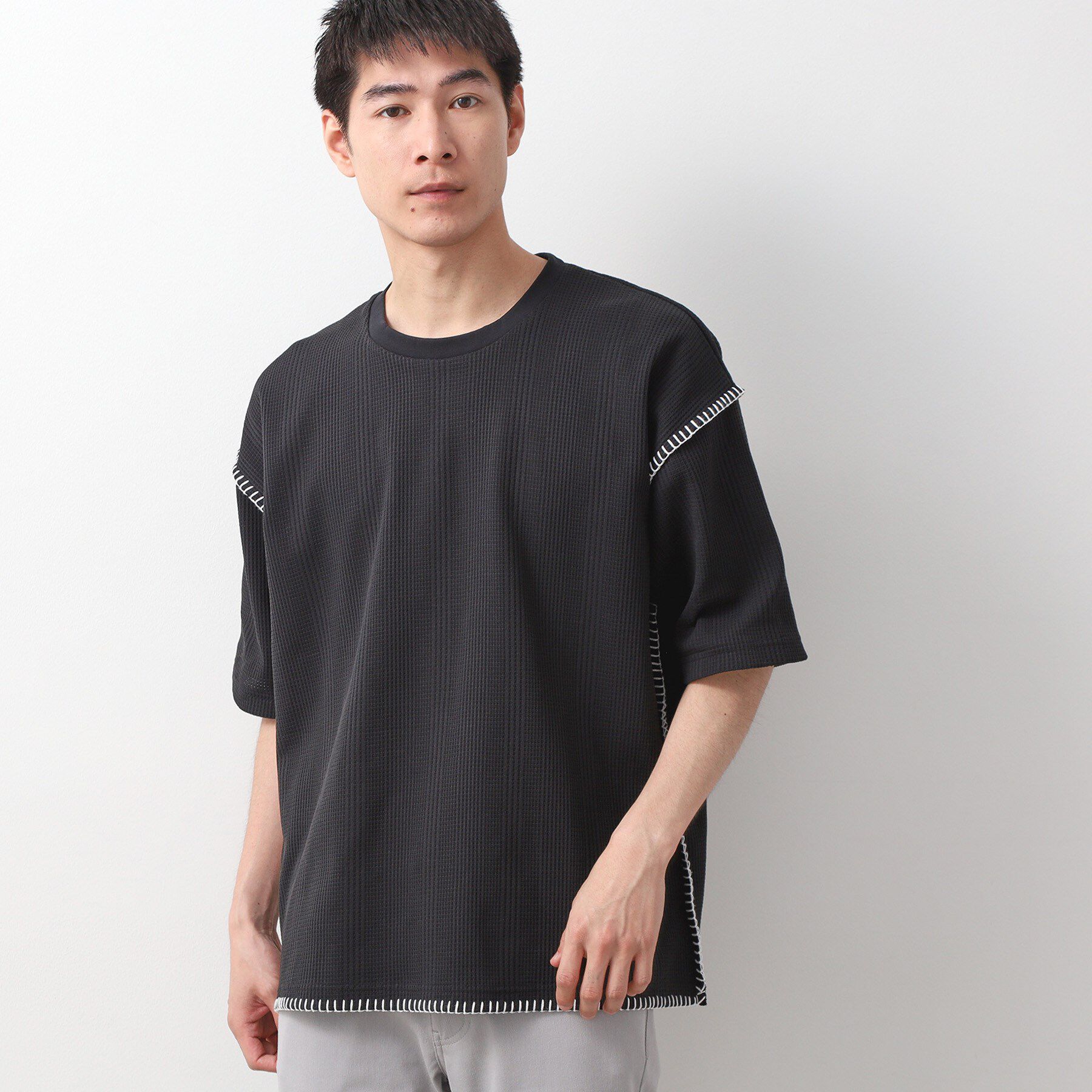 THE SHOP TK「ステッチ刺繍半袖Tシャツ ビックシルエット」|Tシャツ・カットソー|ブラック(019)