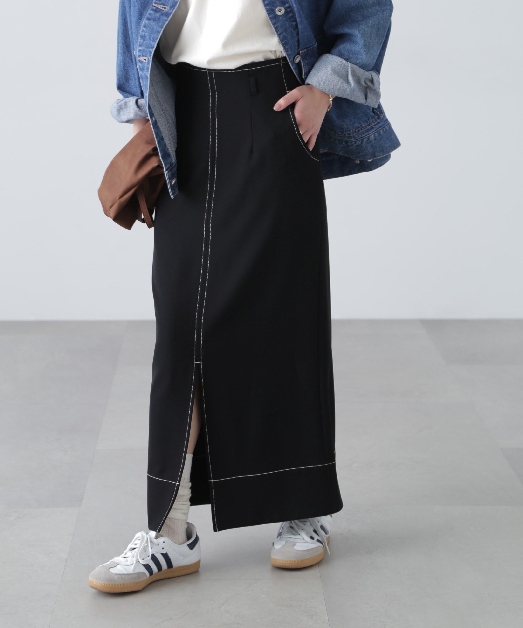  「配色ステッチハイウエストナロースカート」|スカート|