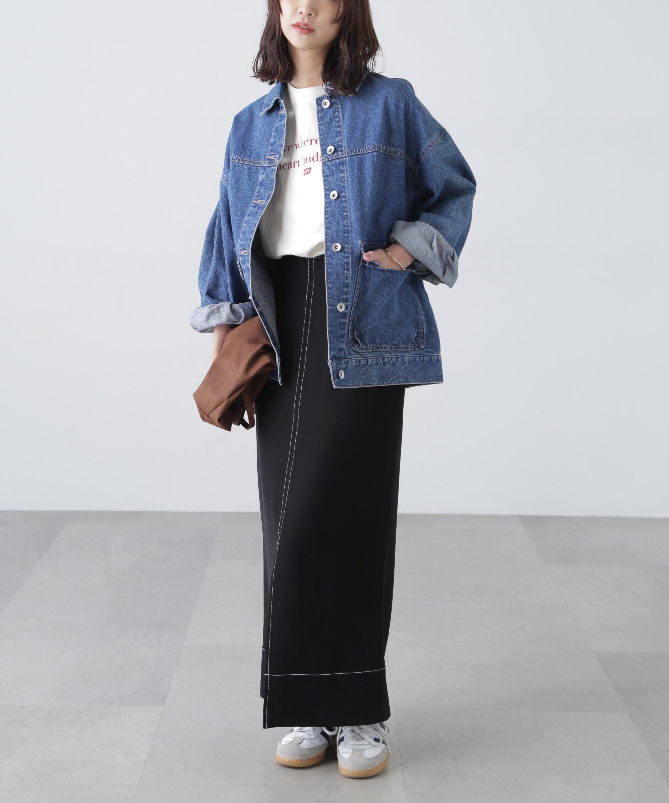  「配色ステッチハイウエストナロースカート」|スカート|