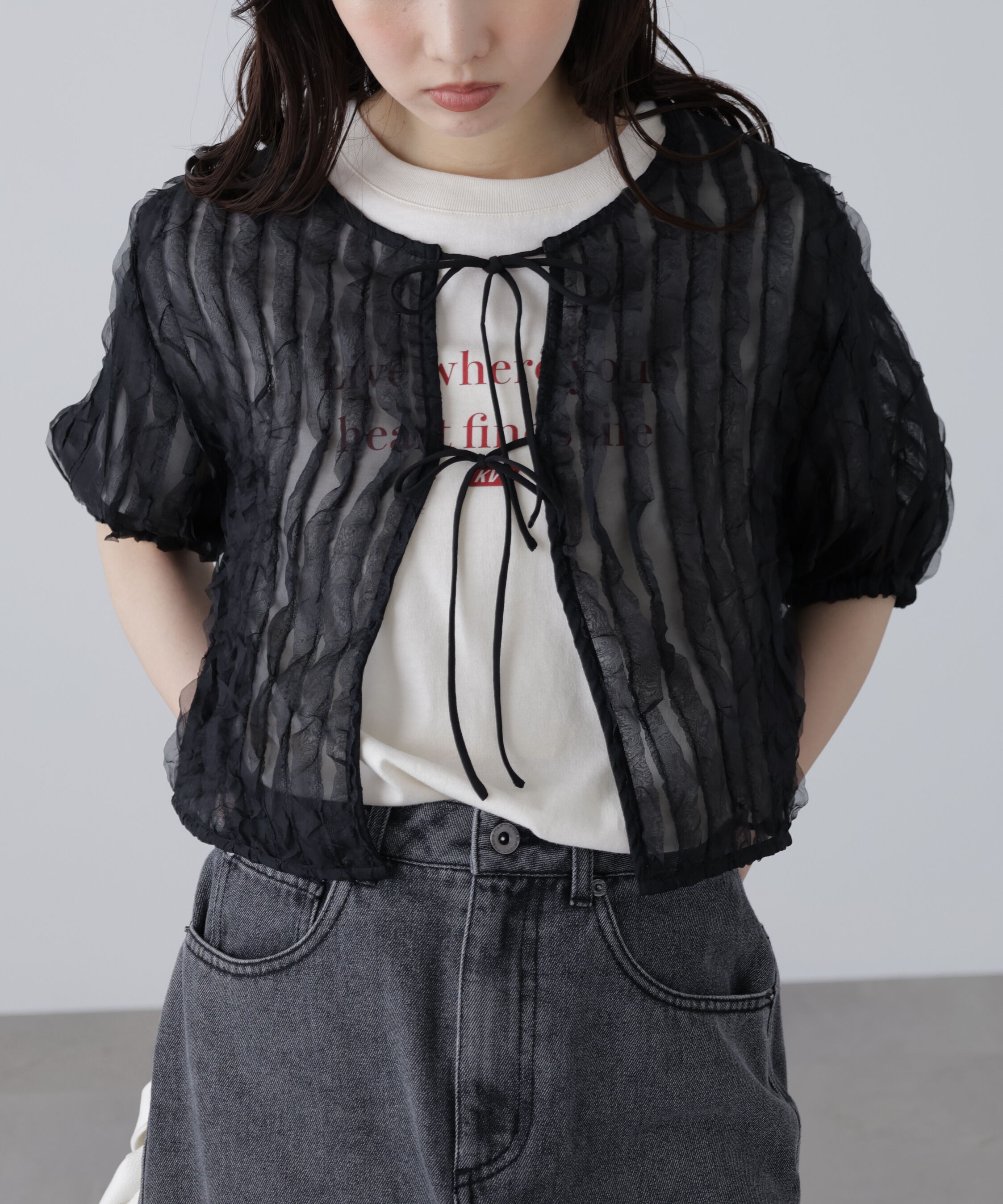  「シアーフリルフロントリボンブラウス」|シャツ・ブラウス|