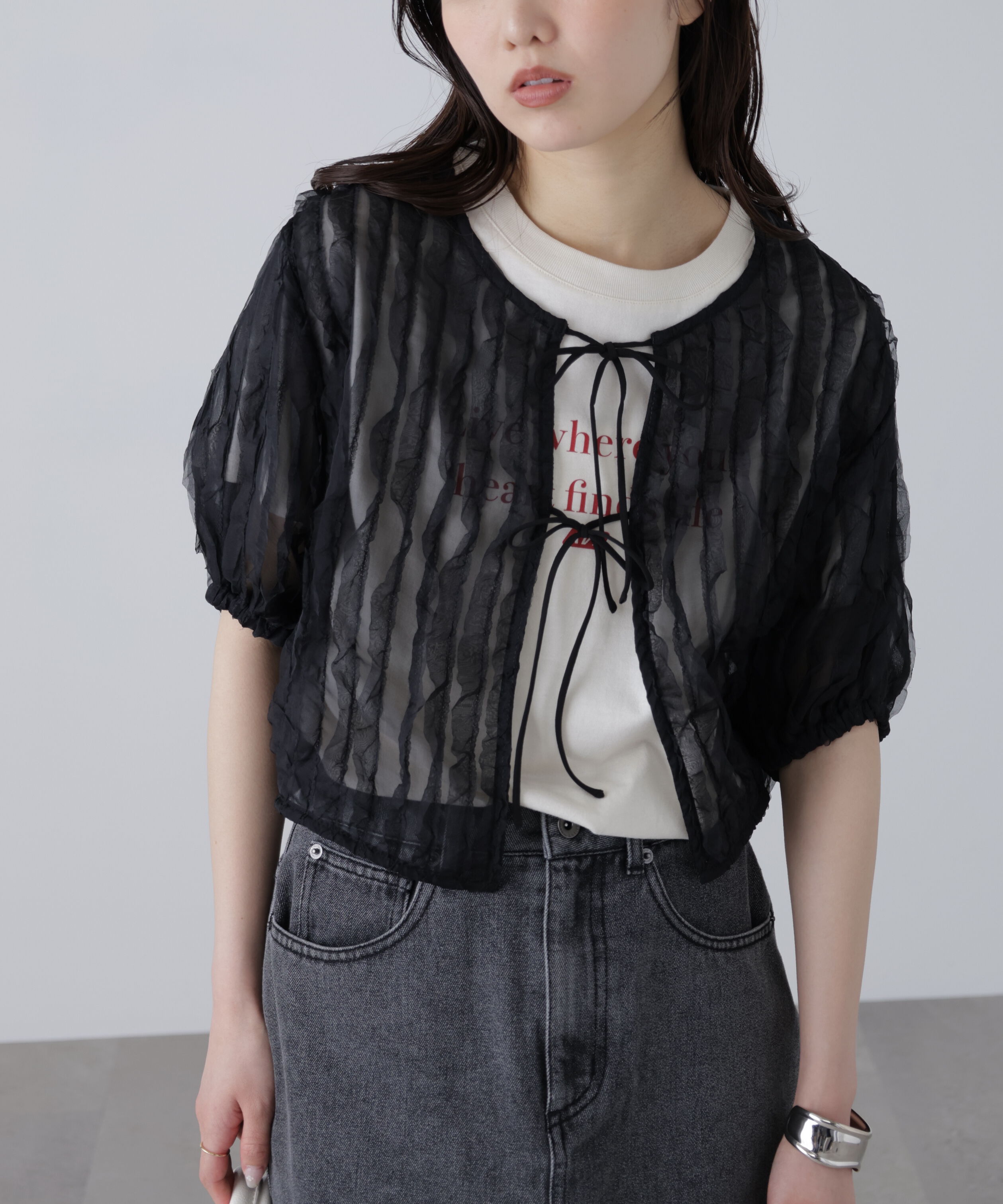  「シアーフリルフロントリボンブラウス」|シャツ・ブラウス|