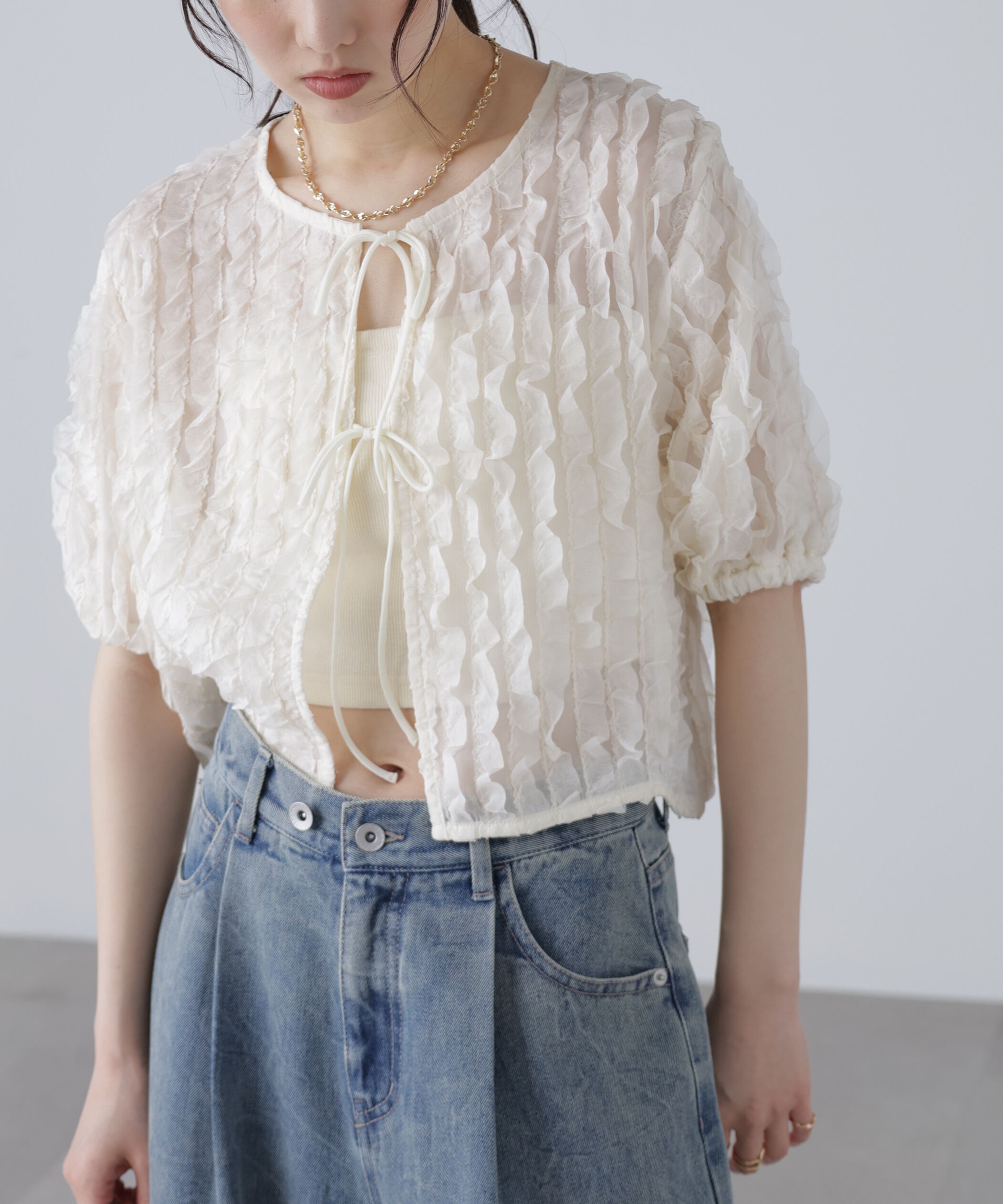  「シアーフリルフロントリボンブラウス」|シャツ・ブラウス|