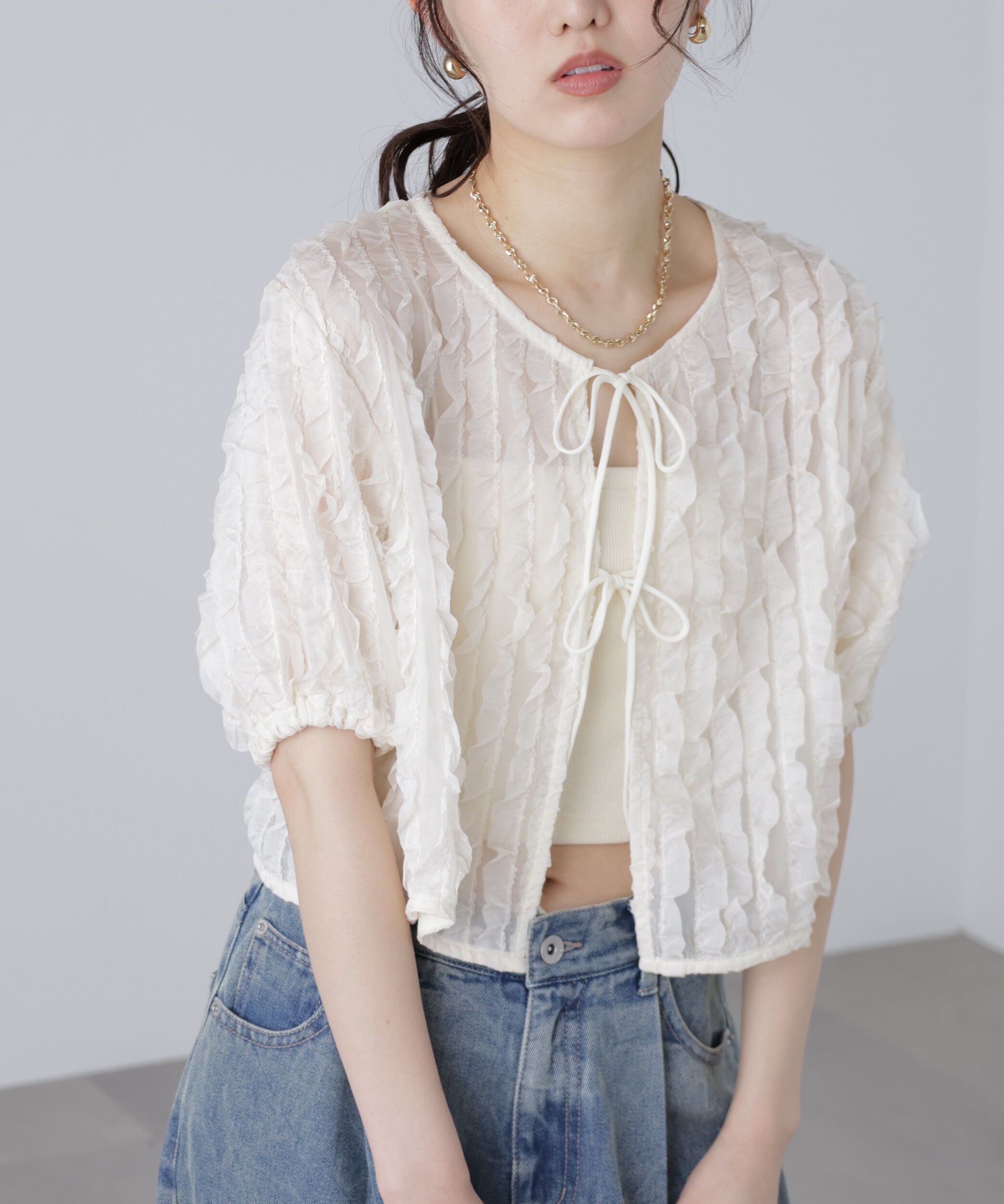  「シアーフリルフロントリボンブラウス」|シャツ・ブラウス|