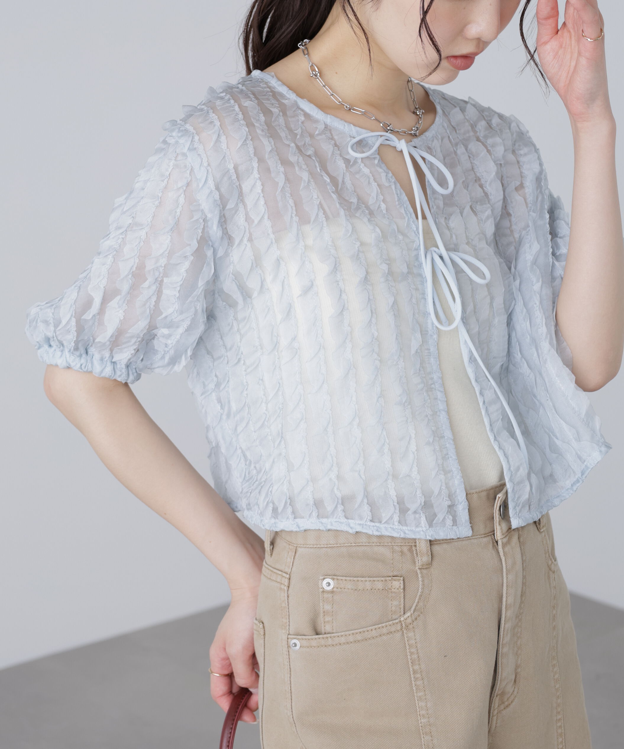  「シアーフリルフロントリボンブラウス」|シャツ・ブラウス|