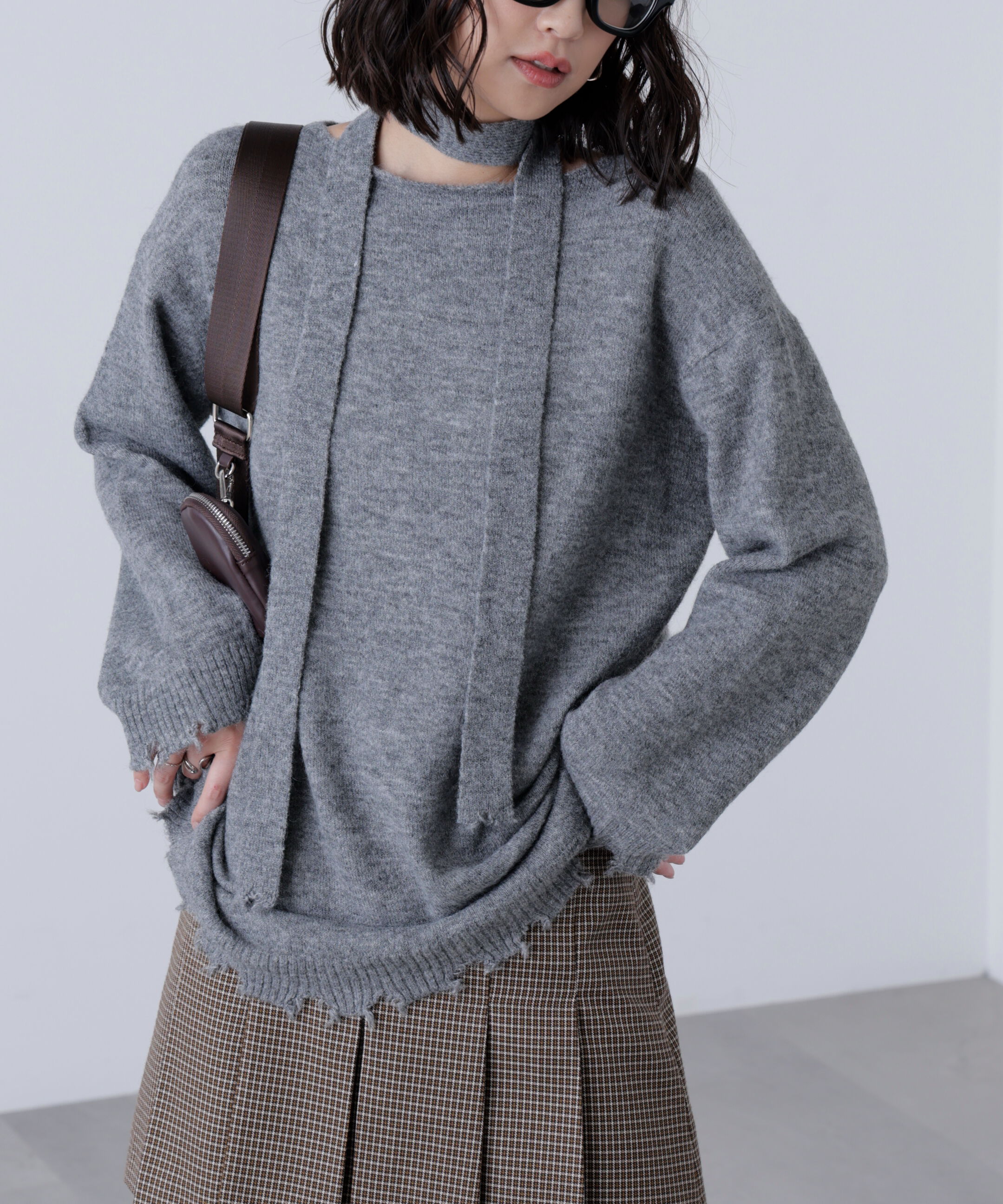  「モヘヤ混タイ付きルーズミニワンピース」|ワンピース|