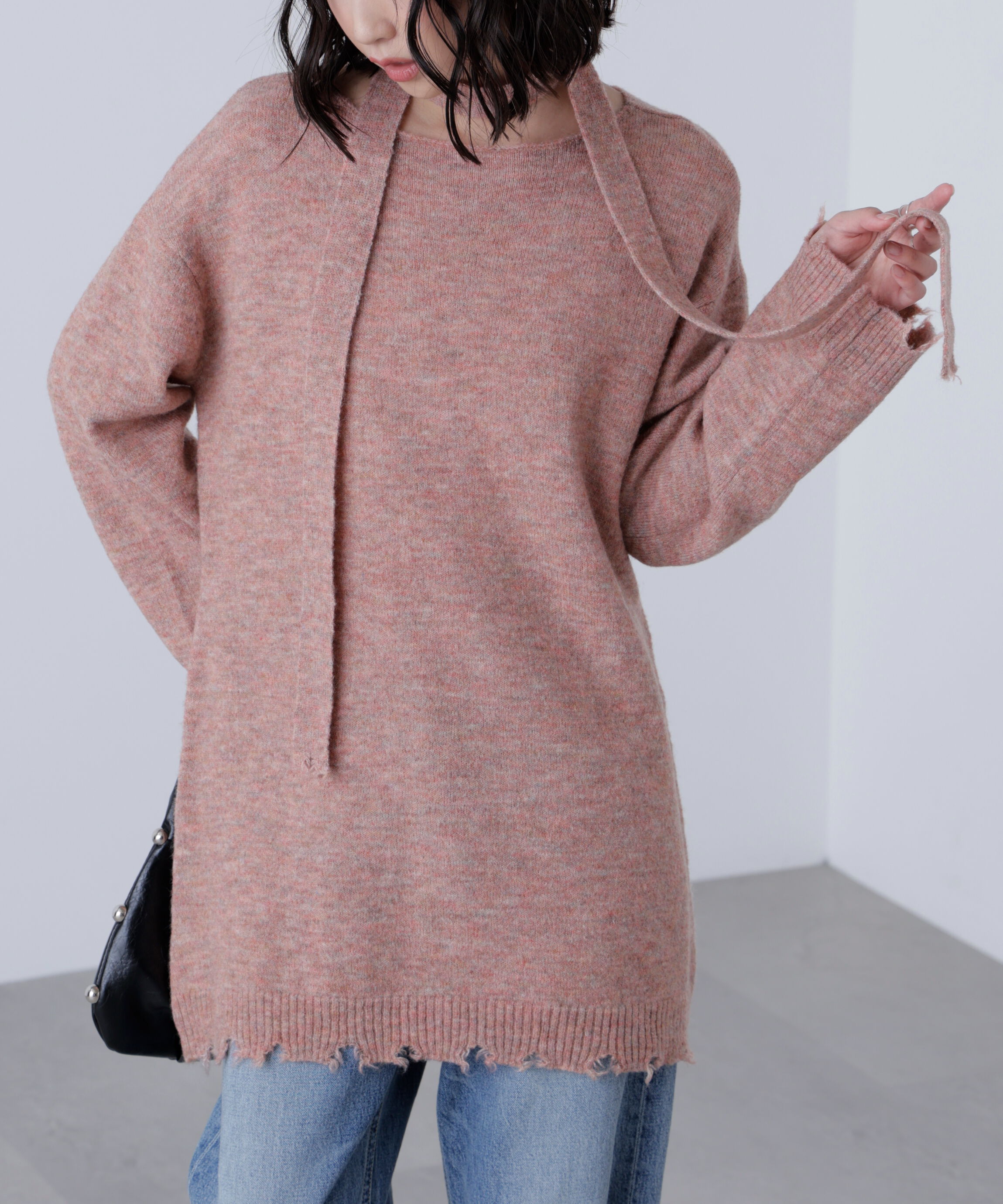  「モヘヤ混タイ付きルーズミニワンピース」|ワンピース|レッド