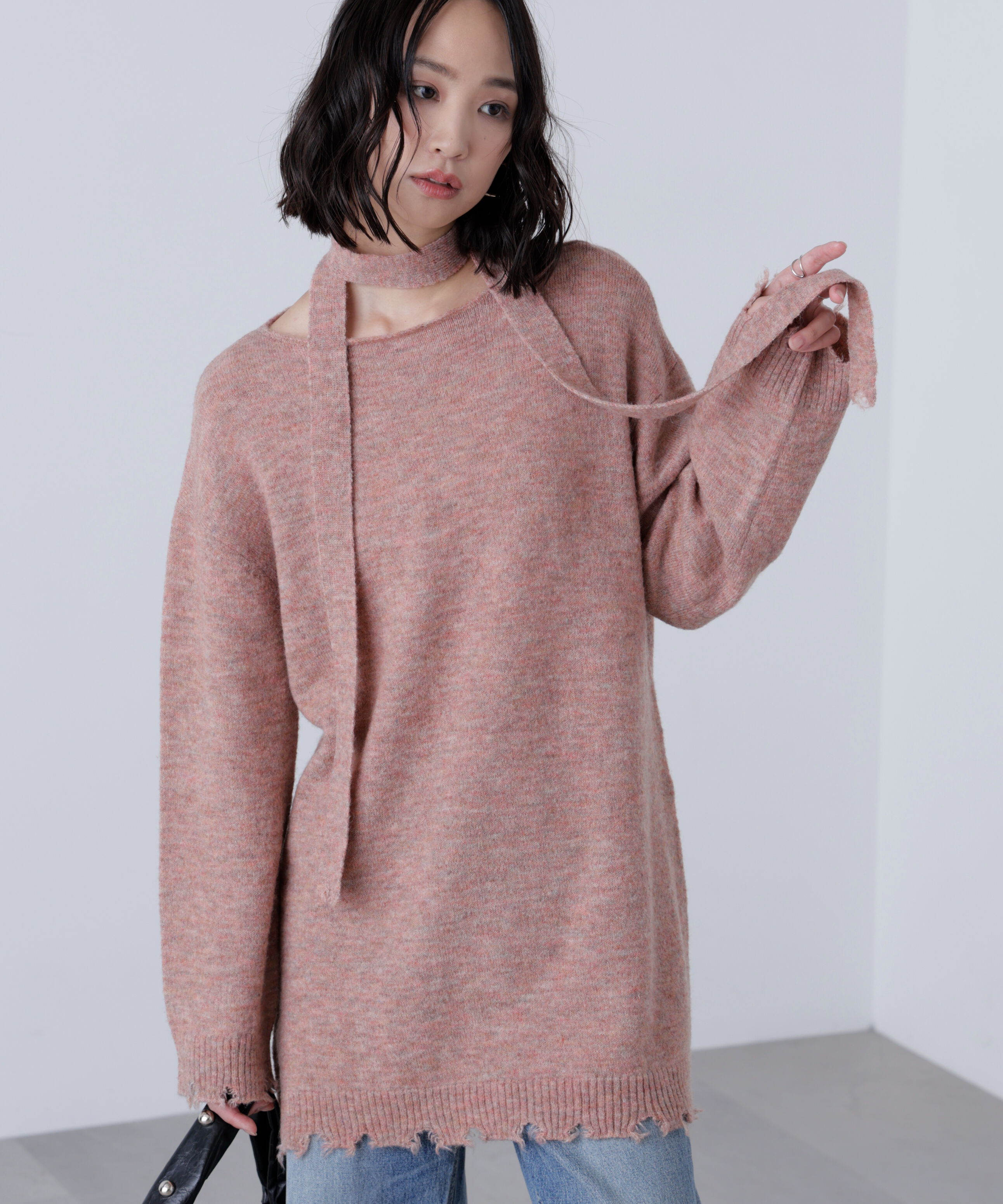  「モヘヤ混タイ付きルーズミニワンピース」|ワンピース|