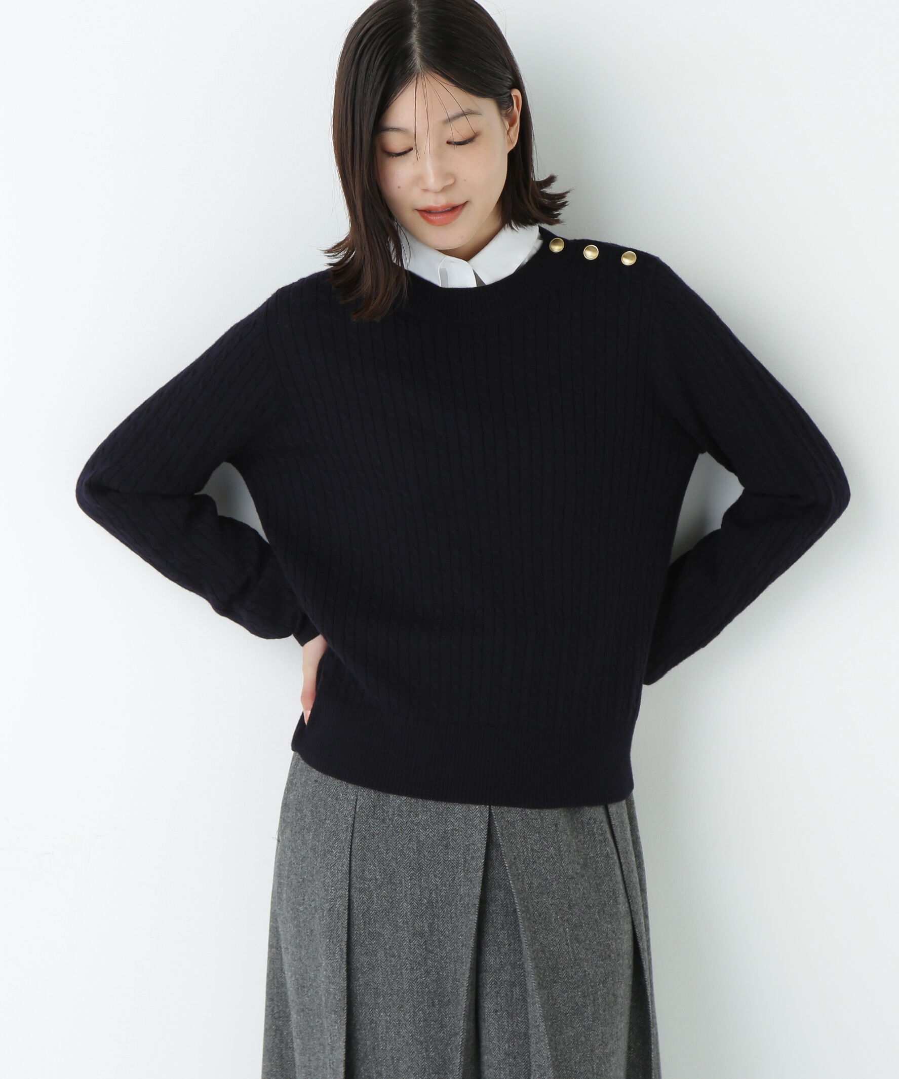  「ミニケーブル釦プルオーバー」|ニット・セーター|ネイビー