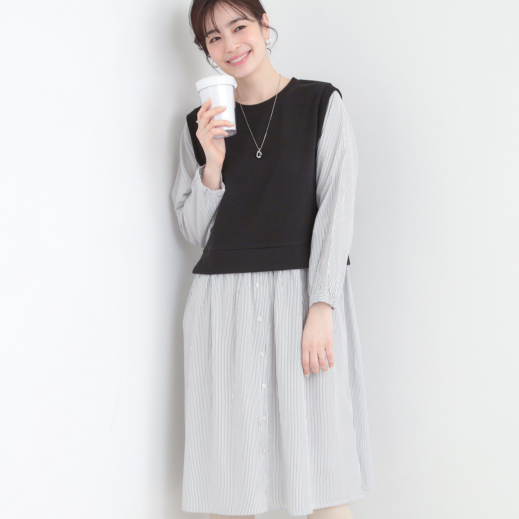 SHOO･LA･RUE「【S-LL/体型カバー】ストライプが爽やか　ベストドッキングシャツワンピース」|ワンピース|ブラック(519)