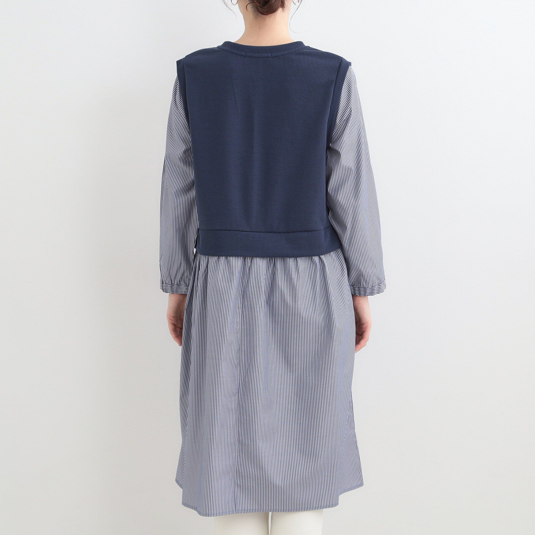 SHOO･LA･RUE「【S-LL/体型カバー】ストライプが爽やか　ベストドッキングシャツワンピース」|ワンピース|