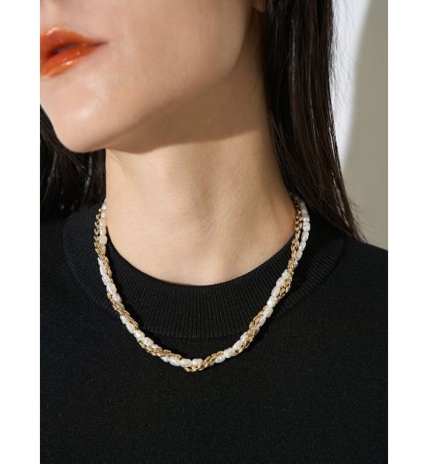 ELENDEEK「PEARL&CHAIN DOUBLE NECKLACE」|ネックレス|ゴールド