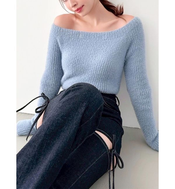 RESEXXY「ミニシャギーワンショルニットトップス」|ニット・セーター|ブルー