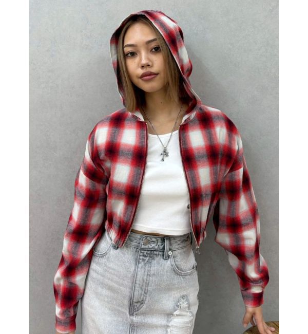 EVRIS「フードチェックショートシャツ」|シャツ・ブラウス|レッド