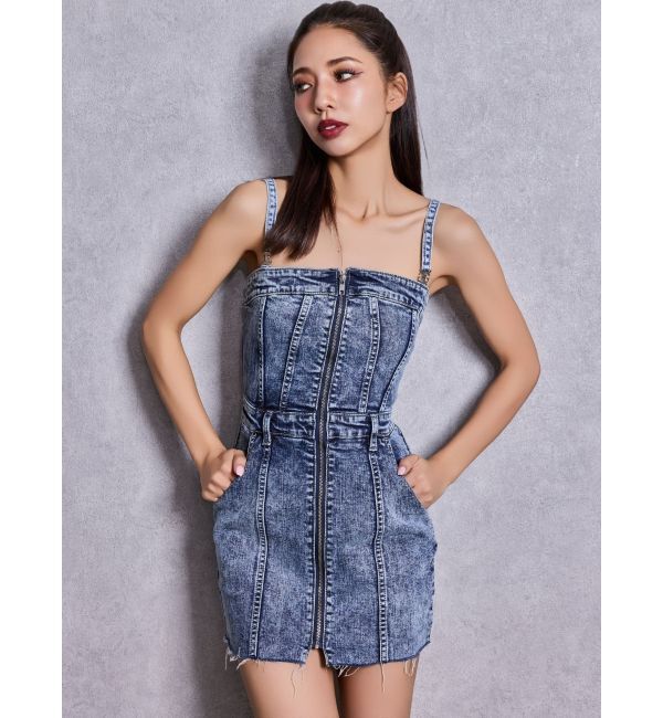 GYDA「Symmetry GYDAフロントZIPスカートライクデニムタイトミニワンピース」|ワンピース|