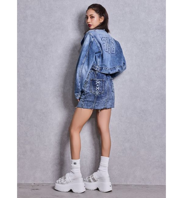 GYDA「Symmetry GYDAフロントZIPスカートライクデニムタイトミニワンピース」|ワンピース|