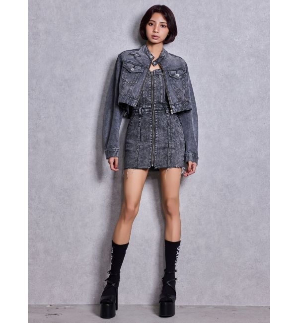 GYDA「Symmetry GYDAフロントZIPスカートライクデニムタイトミニワンピース」|ワンピース|