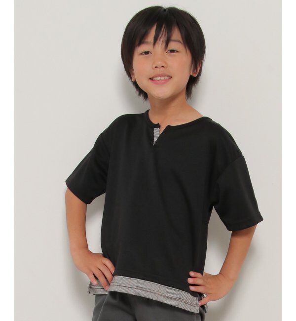ikka kids「キーネックチェックレイヤードT（120~160cm）」|Tシャツ・カットソー|ブラック