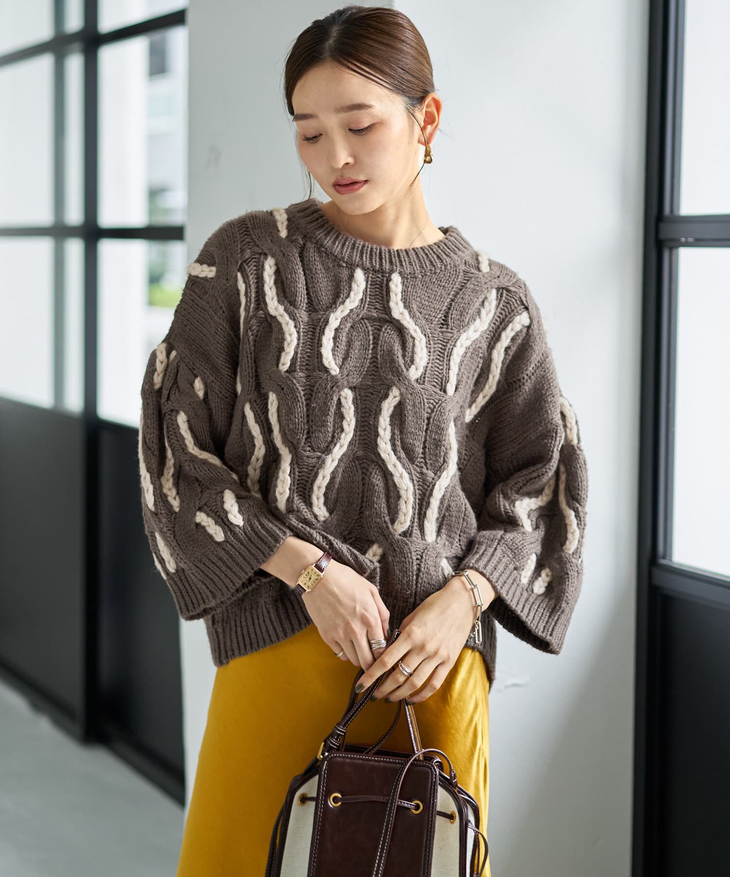 STYLE DELI「ゆる編みランダムケーブルニットトップス」|ニット・セーター|ココアグレー