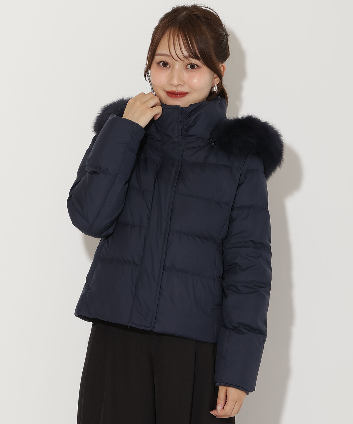 アンドクチュール「FOXファー付きショートダウン」|ダウン|ネイビー
