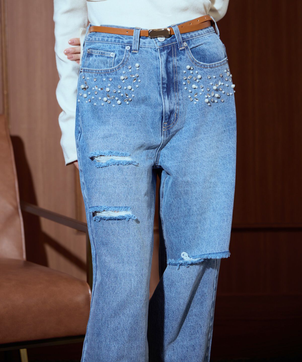 アンドクチュール「パール&times;ビジューダメージデニム」|デニム|