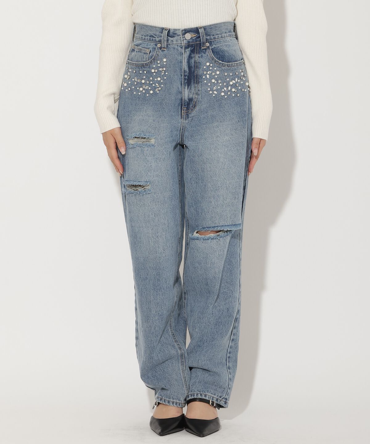 アンドクチュール「パール&times;ビジューダメージデニム」|デニム|