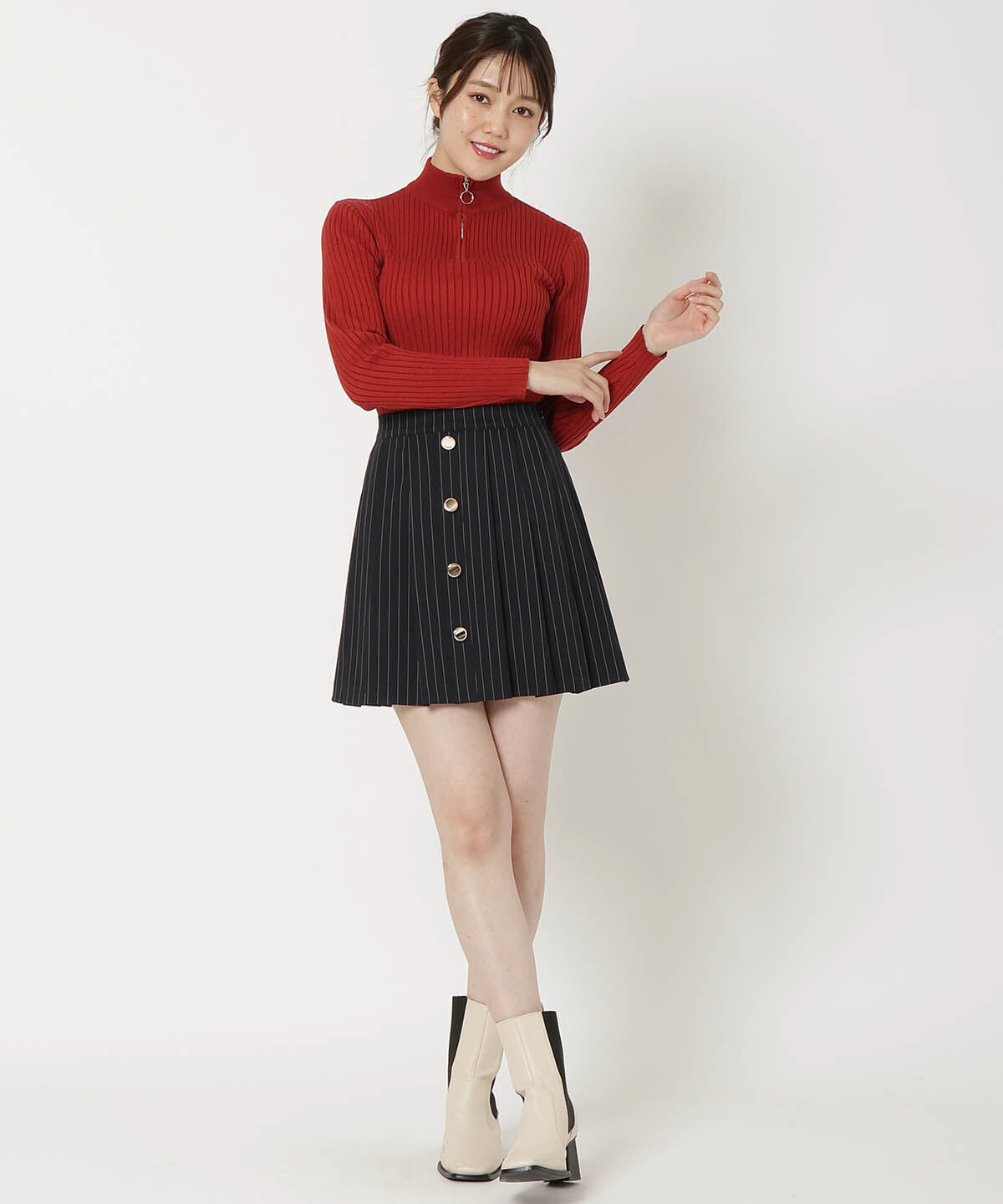 REDYAZEL「フロントボタンプリーツミニスカート」|台形|