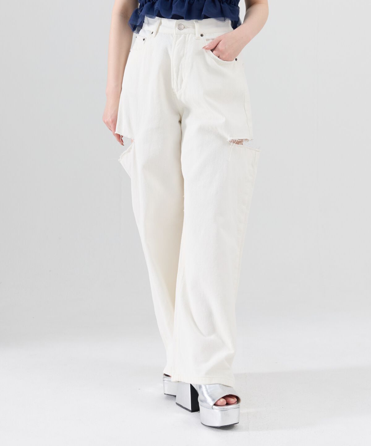 REDYAZEL「サイドダメージワイドパンツ」|デニム|