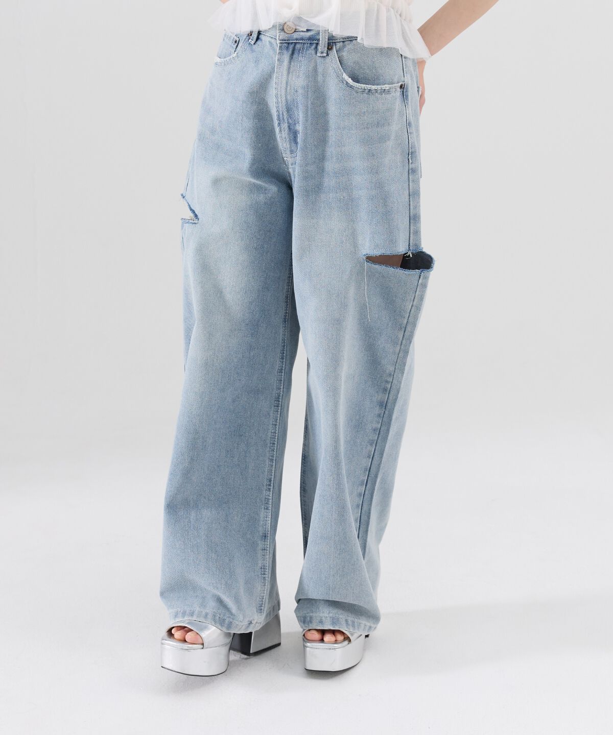 REDYAZEL「サイドダメージワイドパンツ」|デニム|