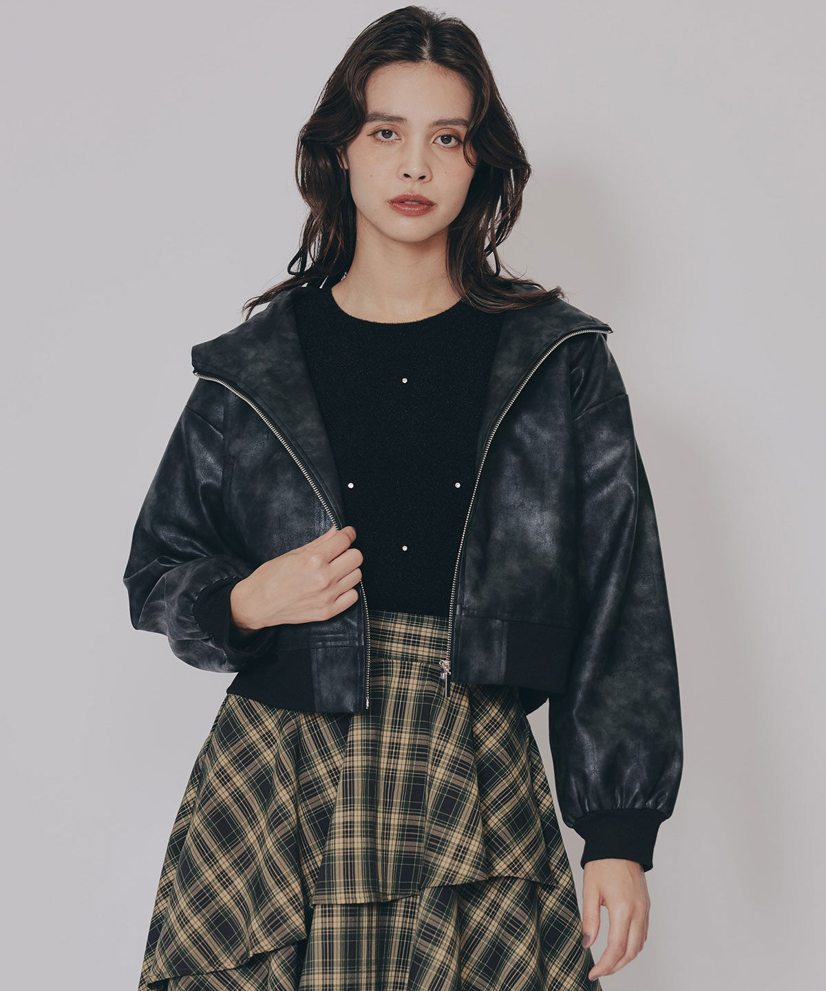 REDYAZEL「ヴィンテージライクレザーフーディブルゾン」|ブルゾン・スタジャン|ブラック