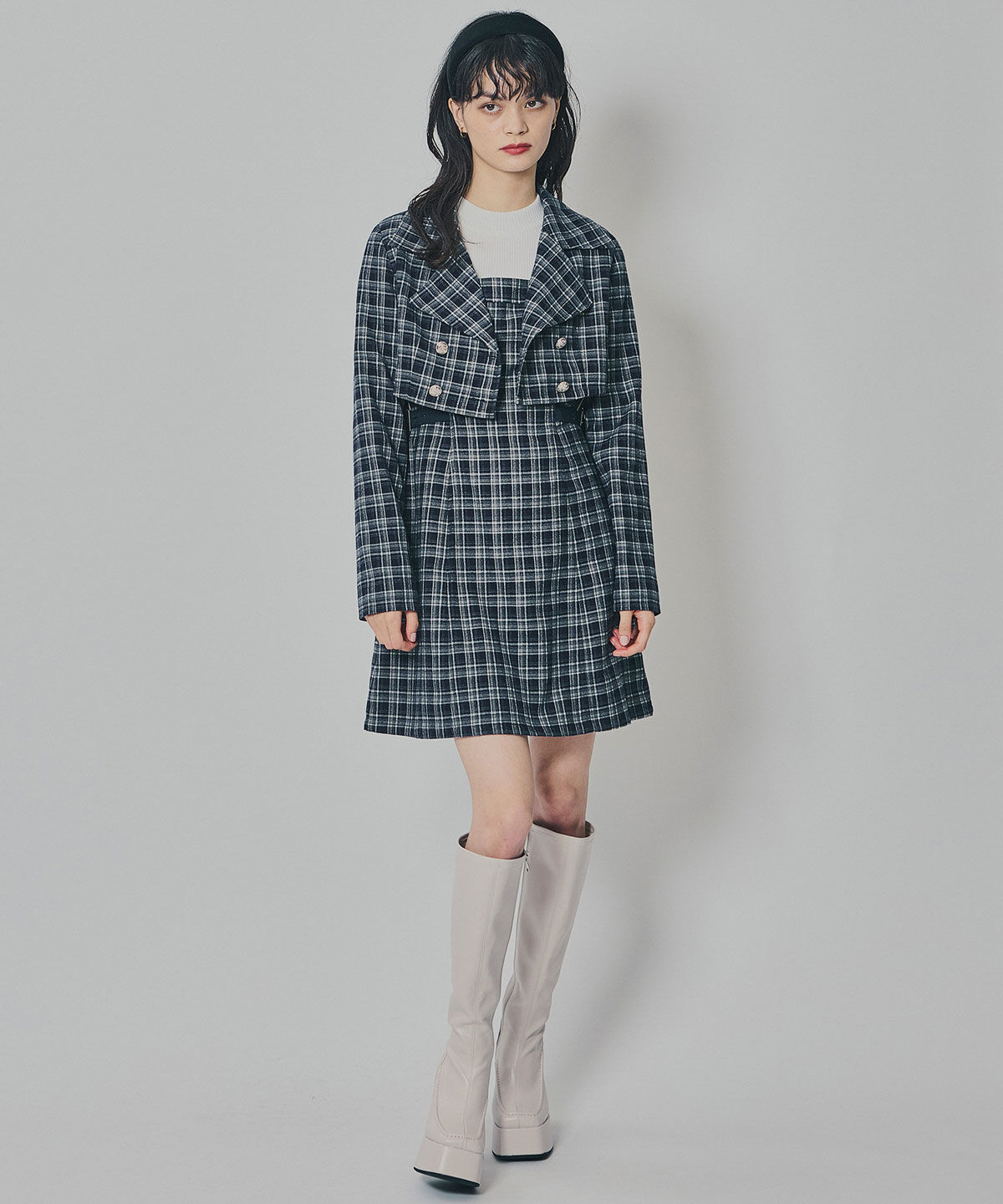REDYAZEL「チェックショートジャケット&times;Wベルトワンピースセットアップ」|ワンピース|