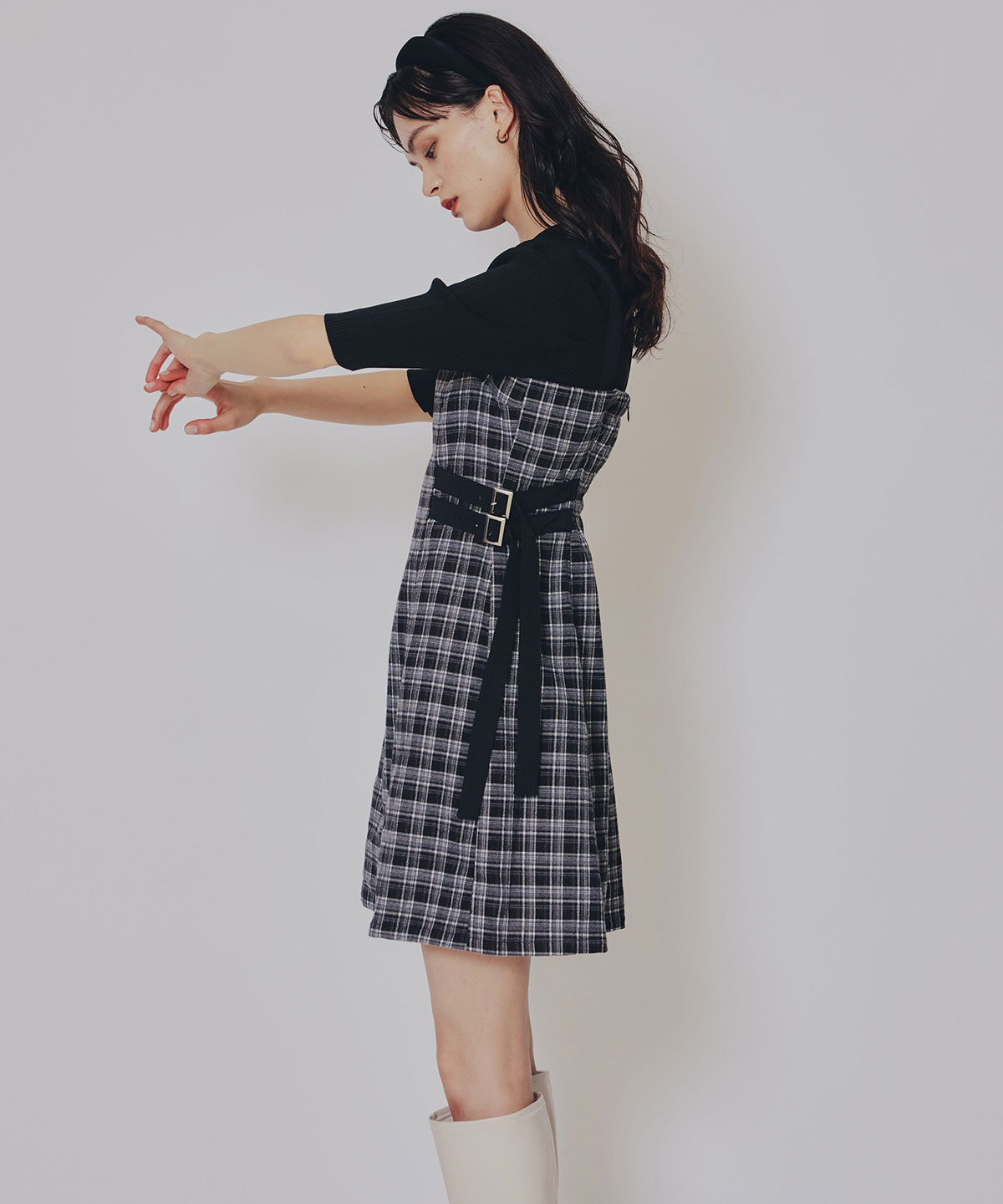 REDYAZEL「チェックショートジャケット&times;Wベルトワンピースセットアップ」|ワンピース|