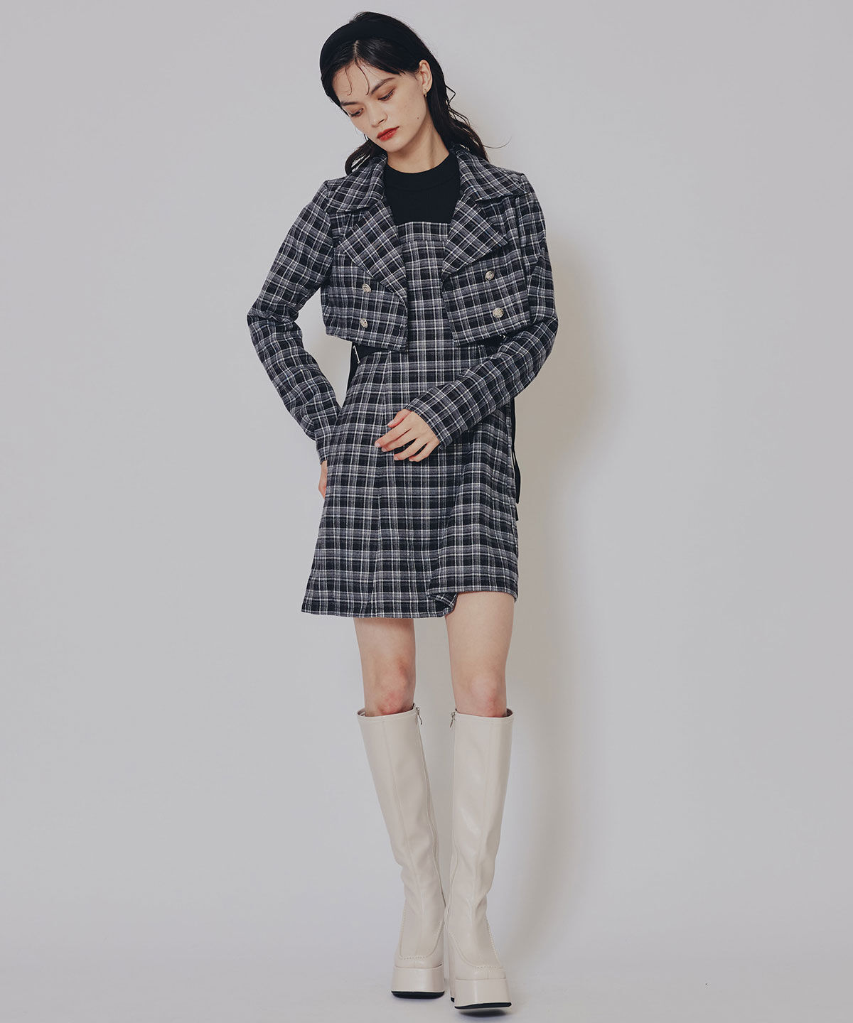 REDYAZEL「チェックショートジャケット&times;Wベルトワンピースセットアップ」|ワンピース|