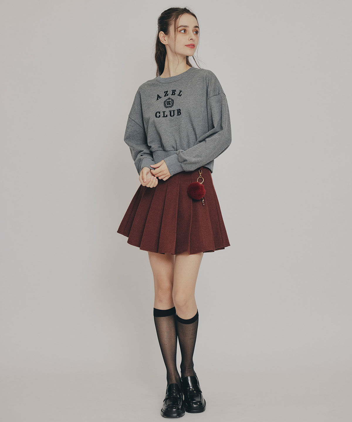 REDYAZEL「ファーチャームウールライクプリーツミニスカート」|フレア|