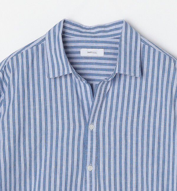SHIPS any「SHIPS any: 〈洗濯機可能〉コットン / リネン ブルー ストライプ 7分袖 プルオーバーシャツ◇」|シャツ・ブラウス|