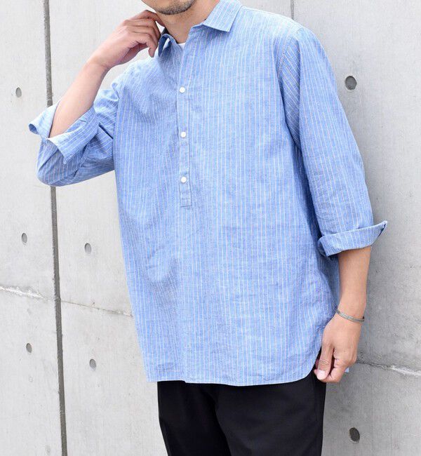 SHIPS any「SHIPS any: 〈洗濯機可能〉コットン / リネン ブルー ストライプ 7分袖 プルオーバーシャツ◇」|シャツ・ブラウス|