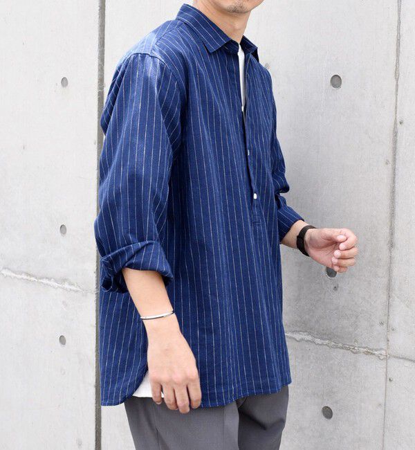 SHIPS any「SHIPS any: 〈洗濯機可能〉コットン / リネン ブルー ストライプ 7分袖 プルオーバーシャツ◇」|シャツ・ブラウス|