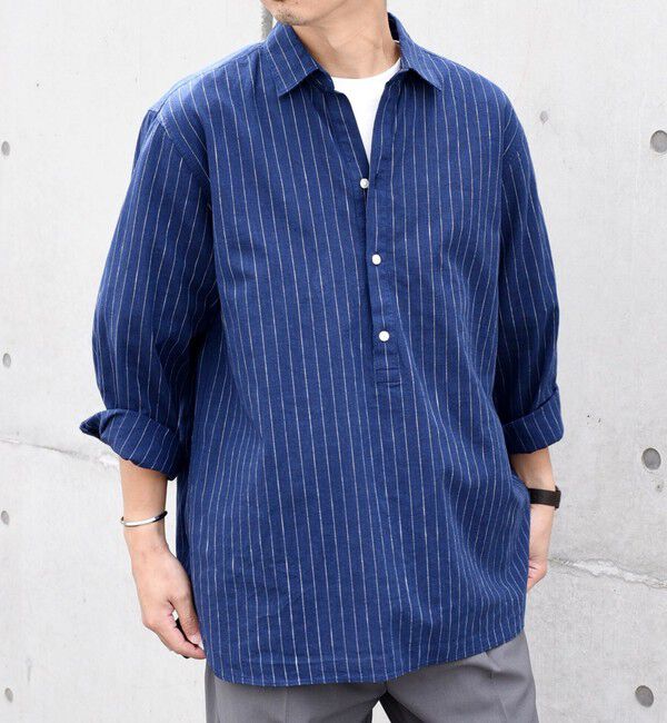 SHIPS any「SHIPS any: 〈洗濯機可能〉コットン / リネン ブルー ストライプ 7分袖 プルオーバーシャツ◇」|シャツ・ブラウス|