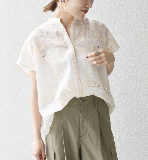 SHIPS any「《一部追加予約》SHIPS any:〈手洗い可能〉エンブロイダリー レース シアー フレンチスリーブ シャツ」|シャツ・ブラウス|