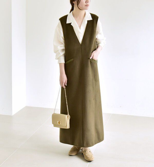 quaranciel「quaranciel: ジャージー メルトン Vネック ジャンパー スカート」|ジャンパースカート|オリーブ