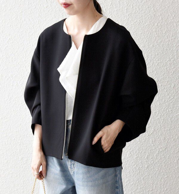 SHIPS any「SHIPS any:〈洗濯機可能〉ダブルクロス ノーカラー ジップ ブルゾン［NAVY BLUE］」|ノーカラージャケット|