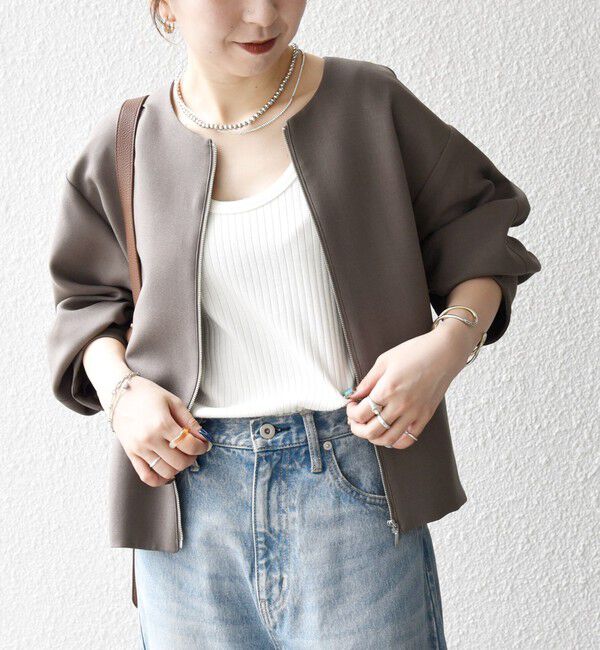 SHIPS any「SHIPS any:〈洗濯機可能〉ダブルクロス ノーカラー ジップ ブルゾン［NAVY BLUE］」|ノーカラージャケット|