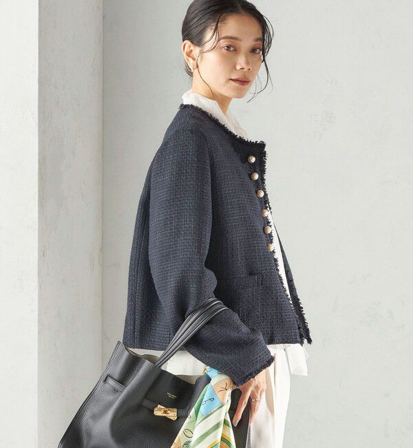 SHIPS for women「トライスピン 杢 ツイード パール モチーフ ボタン ジャケット（セレモニー対応可）」|ノーカラージャケット|