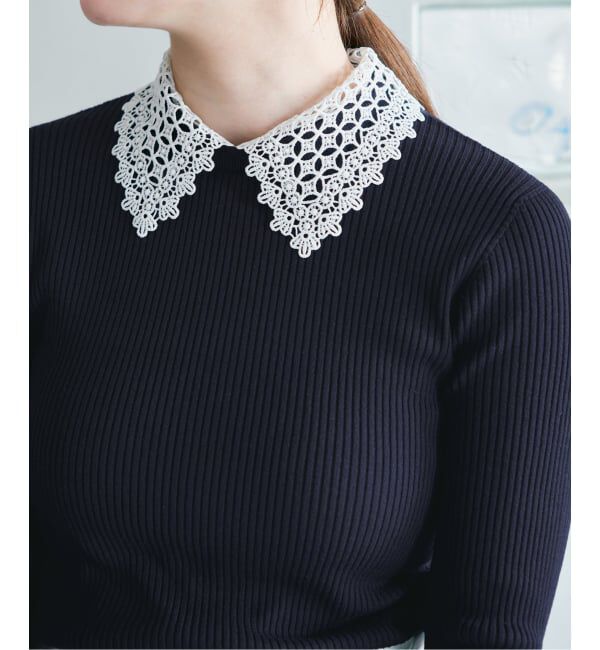 IENA「レース襟 RIBホールガーメントプルオーバー」|ニット・セーター|ネイビー