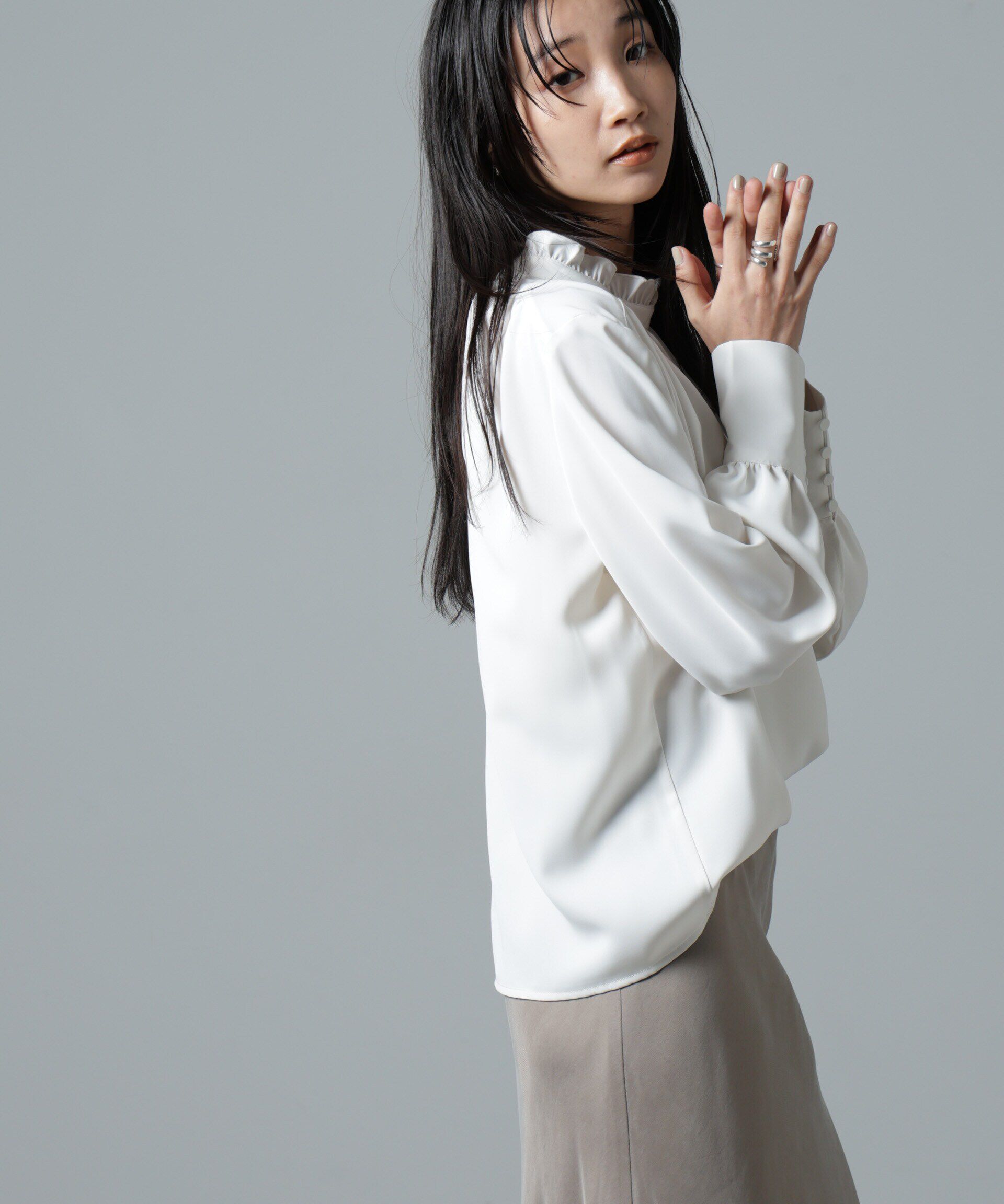 nano･universe「2wayスタンドカラーギャザーブラウス」|シャツ・ブラウス|