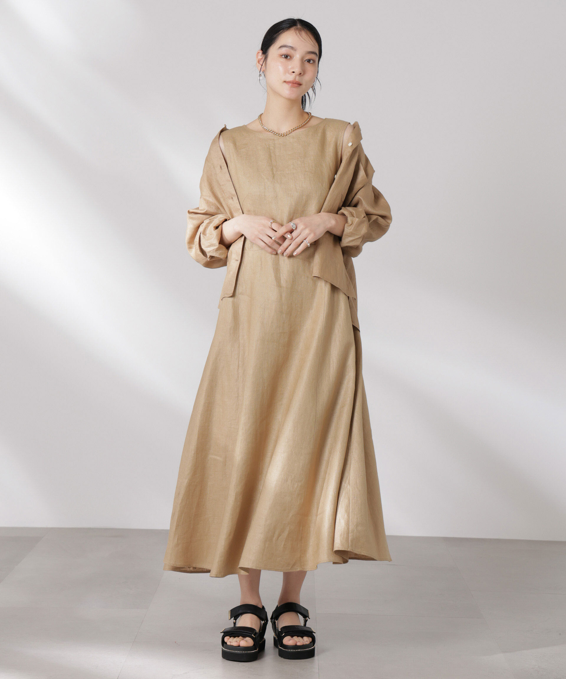 nano･universe「ヨーロピアンフラックス Aラインノースリーブワンピース」|ワンピース|