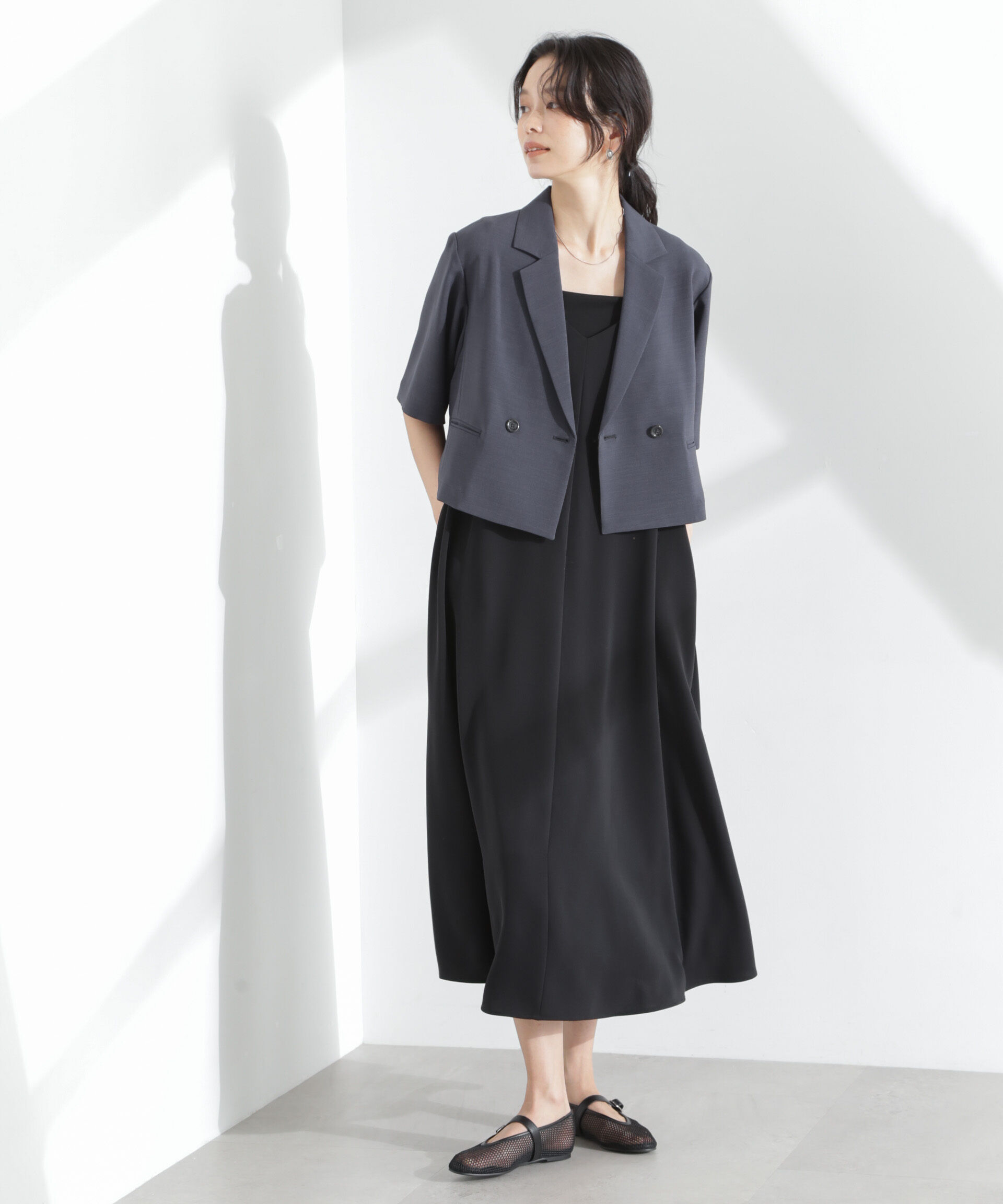 nano･universe「メランジドライ 半袖ショートダブルジャケット(セットアップ可)」|テーラードジャケット|